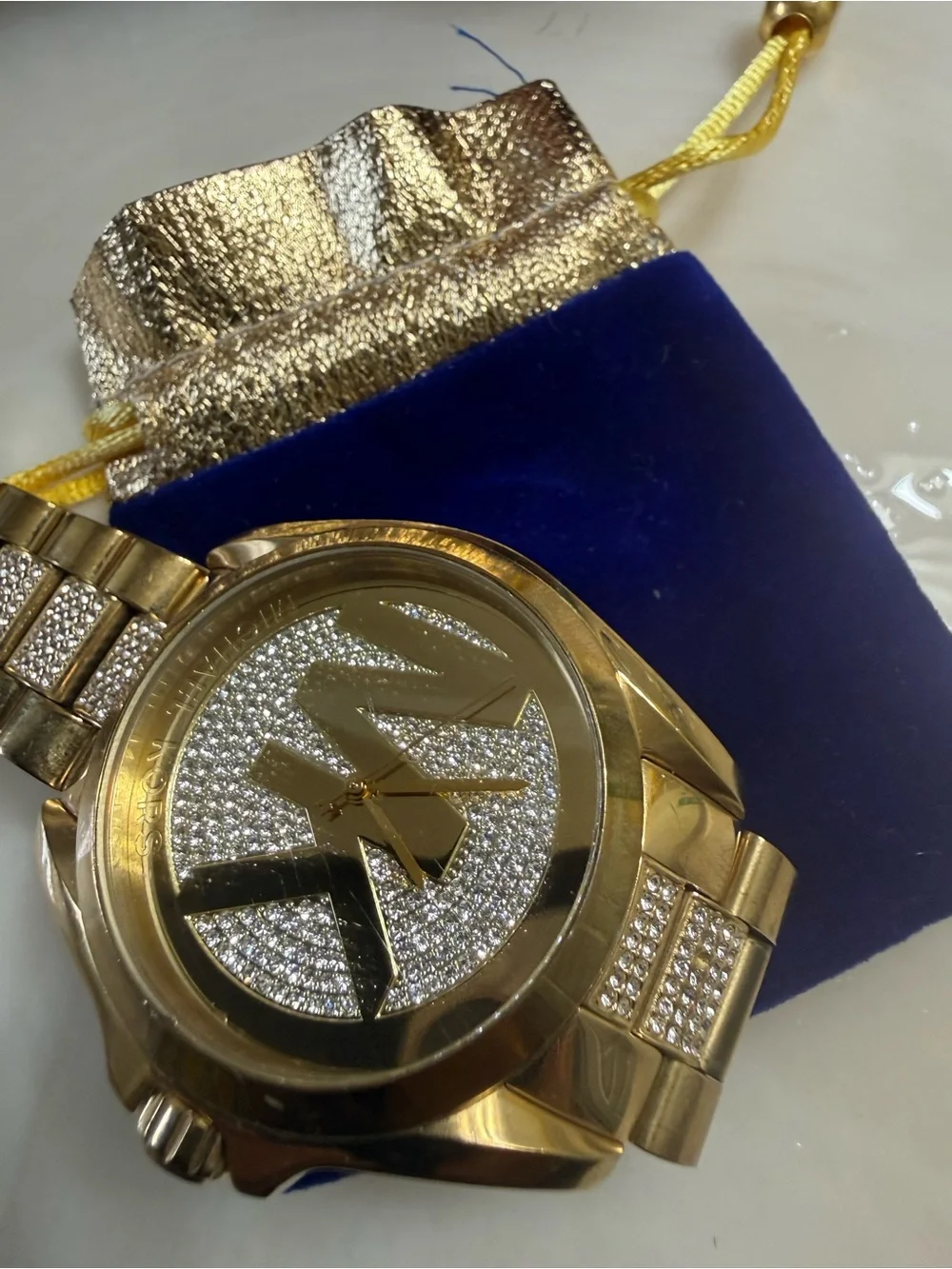 Michael Kors Gold and Crystal Pavé Logo Bracelet Watch